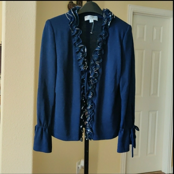 St. John Evening Navy Blue Embellished Ruffled Long Sleeve Knit Cardigan Sz 6 - Picture 3 of 11
